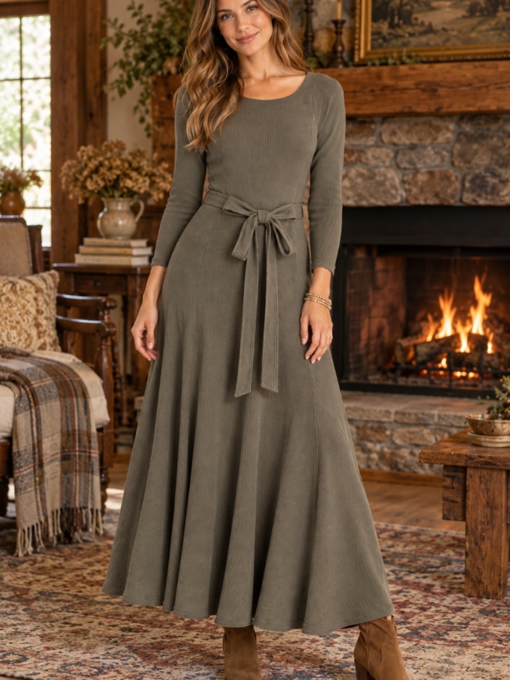 Polo Ralph Lauren maxi dress M waffle knit khaki green fit/flare belt luxury